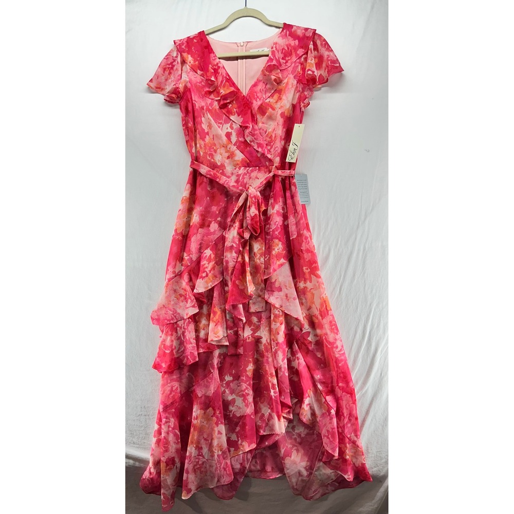 Eliza J Dress Size 10 Pink Floral Ruffle High Low Maxi Wedding Guest Belted NEW